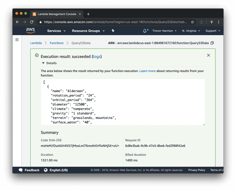 A screenshot of a successful lambda call using S3 Select to query Star Wars data